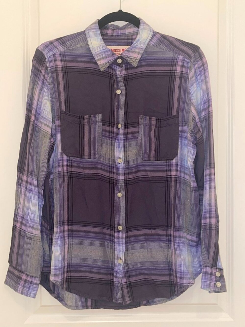 MOSSIMO Women’s Purple Plaid Button Up Boyfriend Fit Shirt, Size M
